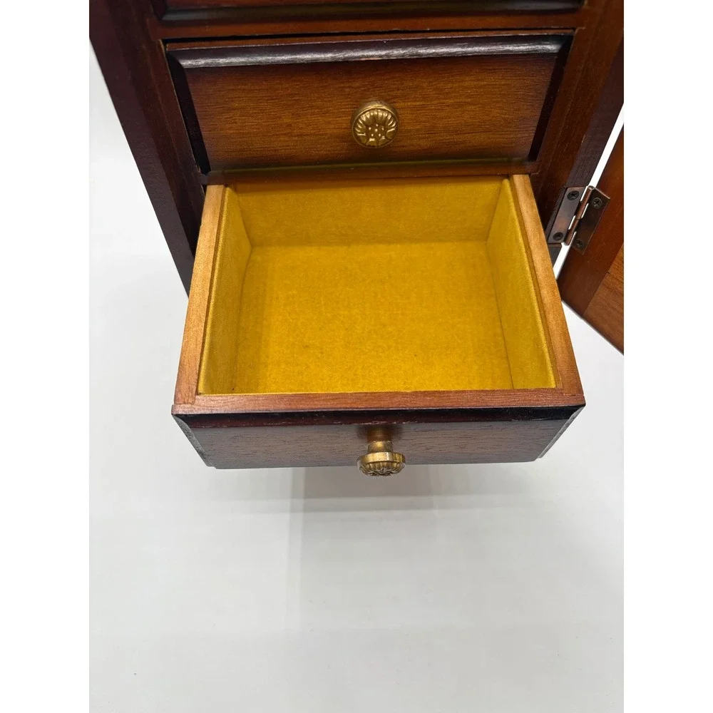 Vintage Wooden Jewelry Box Armoire Sunset Scene Music Box Cabinet 3 Drawers